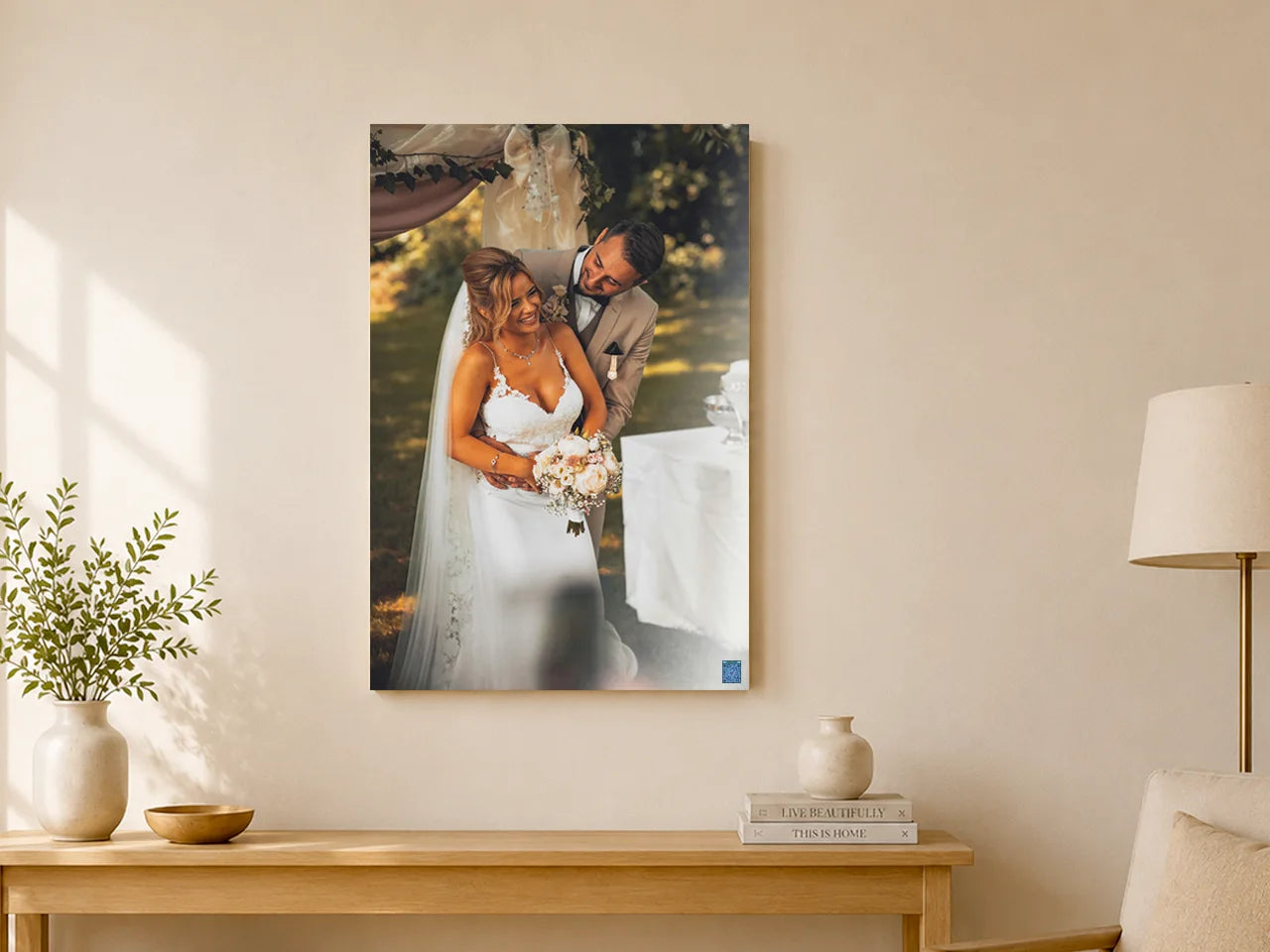 Wedding canvas hanging in a warm living room