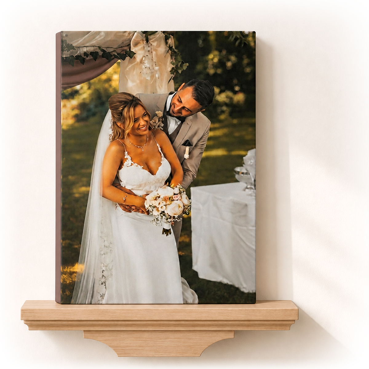 Portrait wedding photograph printed on a gallery-wrapped canvas hanging on a light wall